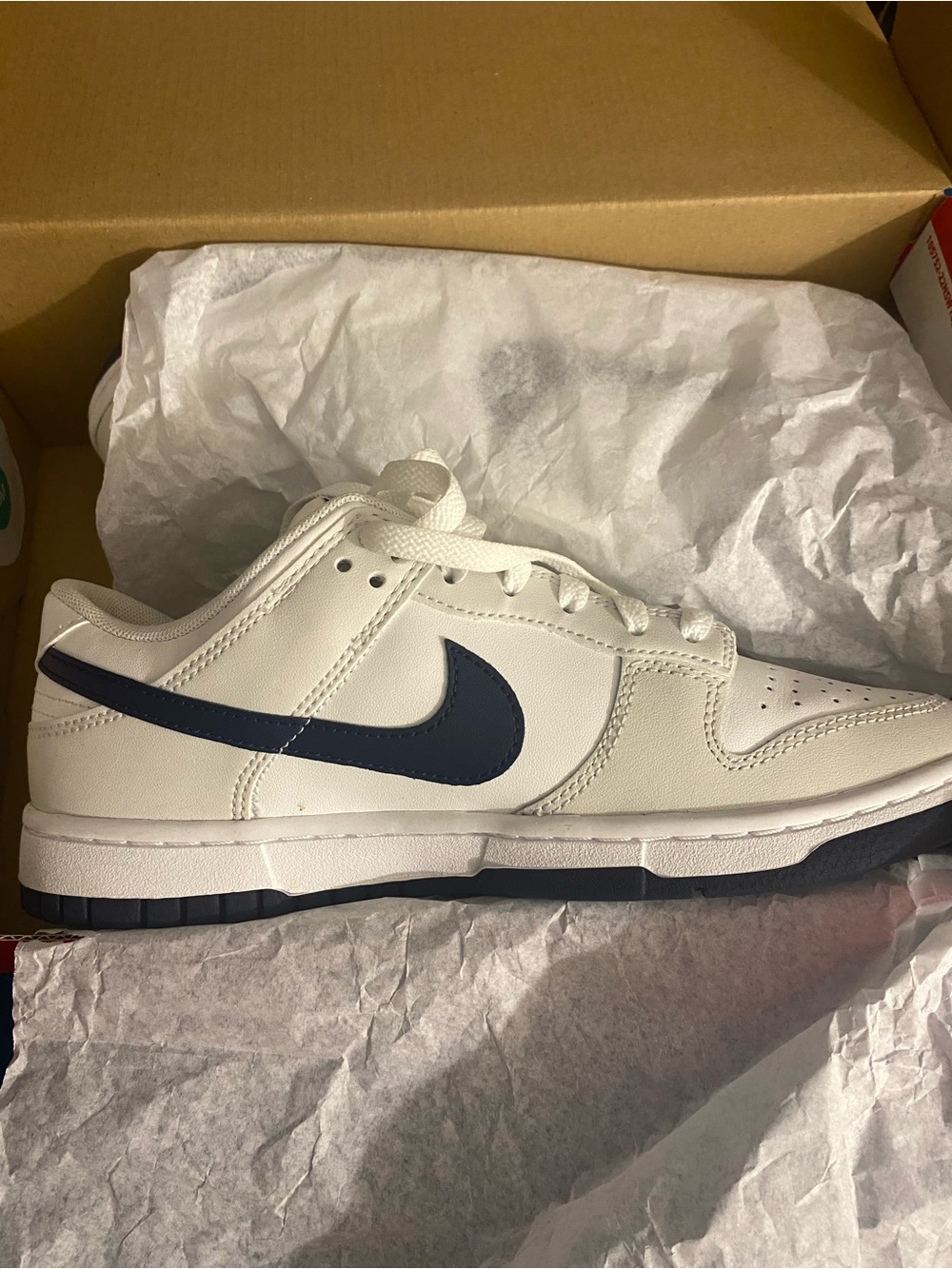 Nike Dunk Low Sneaker in White with Navy Swoosh